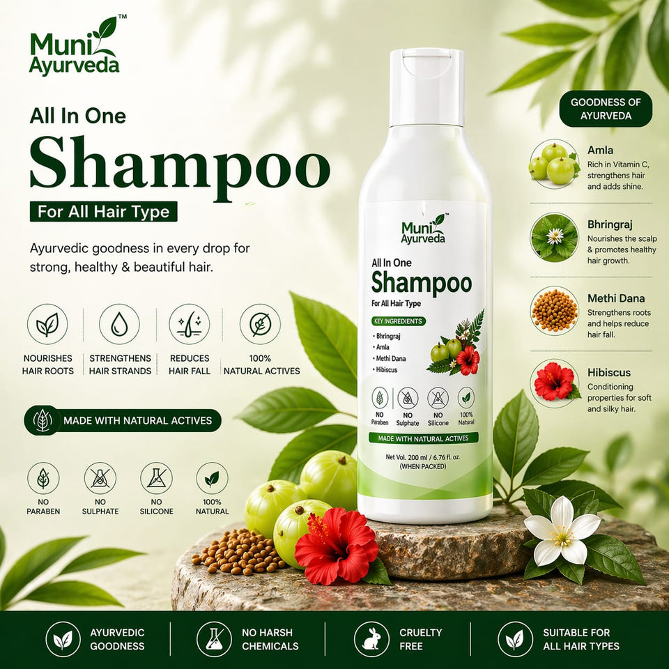 Muni Ayurveda All In One Herbal Shampoo | Ayurvedic Shampoo for Hair Fall Control, Root Strengthening, Scalp Nourishment & Silky Shine | With Amla, Bhringraj, Methi Dana & Hibiscus | No Paraben, Sulphate & Silicone | 200ml