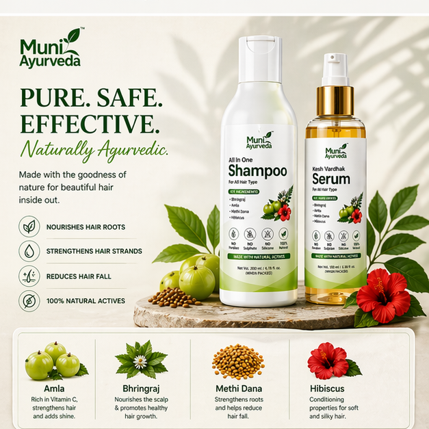 Muni Ayurveda Hair Care Combo – All In One Herbal Shampoo (200ml) + Kesh Vardhak Hair Growth Serum (100ml) | Natural Hair Fall Control & Nourishment Set