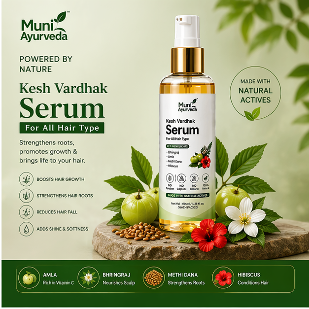 Muni Ayurveda Kesh Vardhak Hair Serum | Ayurvedic Hair Growth Serum for Hair Fall Control, Root Strengthening, Shine & Softness | With Bhringraj, Amla, Methi Dana & Hibiscus | 100ml