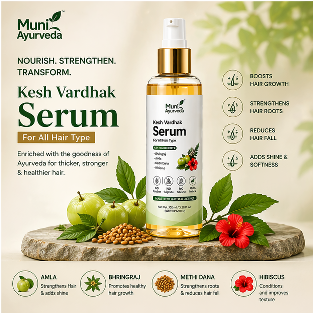 Muni Ayurveda Kesh Vardhak Hair Serum | Ayurvedic Hair Growth Serum for Hair Fall Control, Root Strengthening, Shine & Softness | With Bhringraj, Amla, Methi Dana & Hibiscus | 100ml